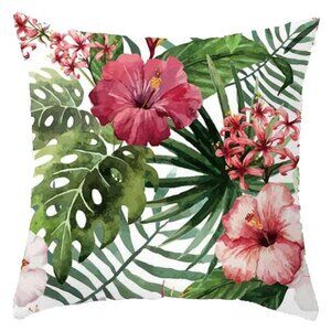 Pink Hibiscus with Tropical Leaves Pillow Cover